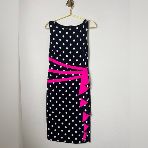 EUC Joseph Ribkoff Black-Vanilla-Neon Pink Polka-Dot Dress Style 191828 Size 8 - Picture 6 of 15